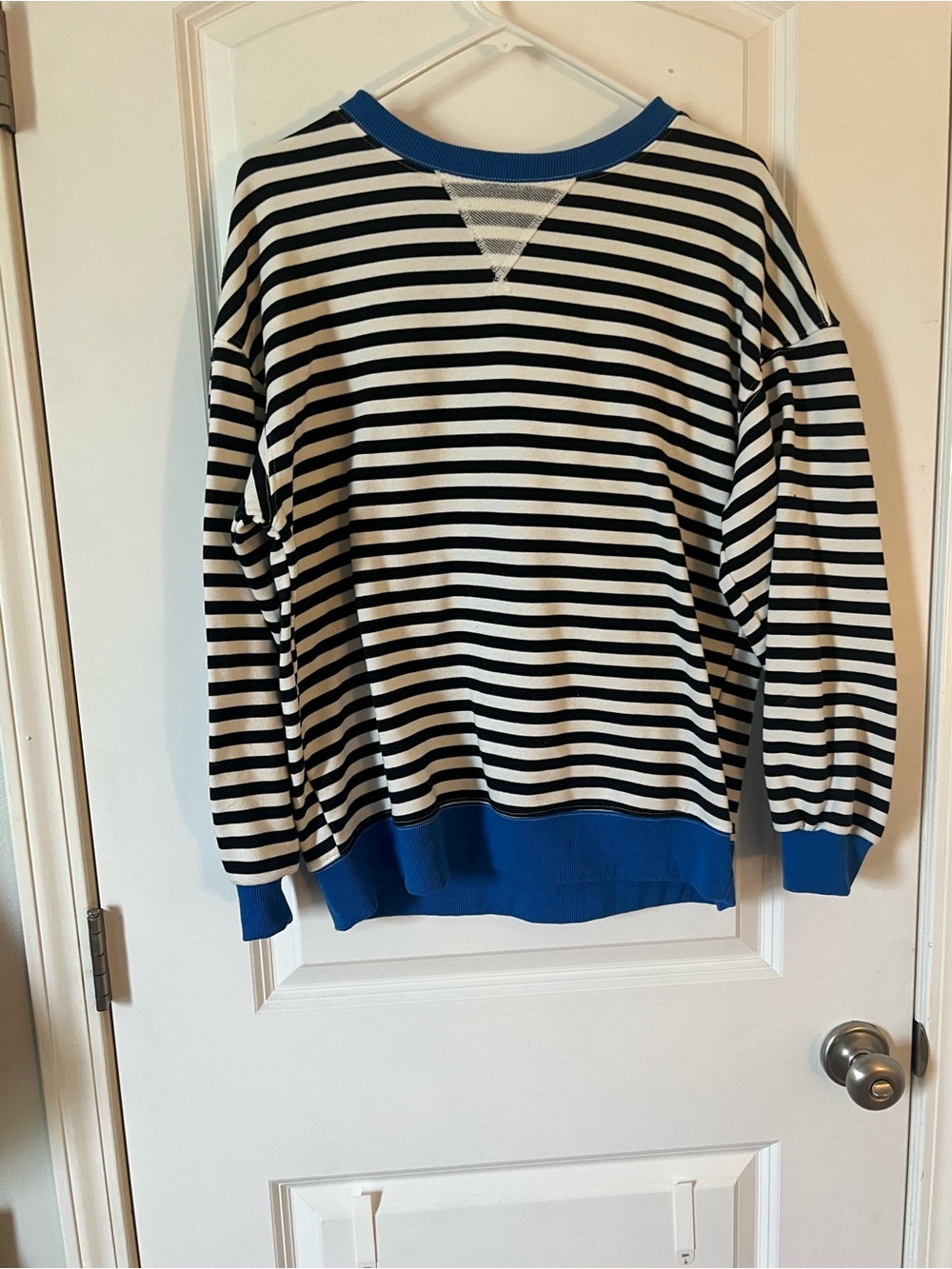 Striped Crewneck Sweater in Black and White with Blue Trim